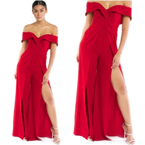 โค๏ธโ๐ฅ VALENTINES ๐ Slit Leg Off Shoulder Jumpsuit Red - Picture 3 of 8